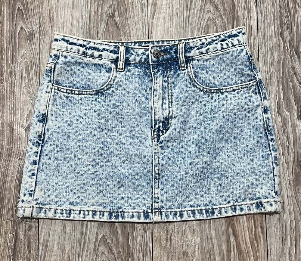 Steve Madden Women's Acid Wash Rhinestone Embellished Denim Mini Skirt